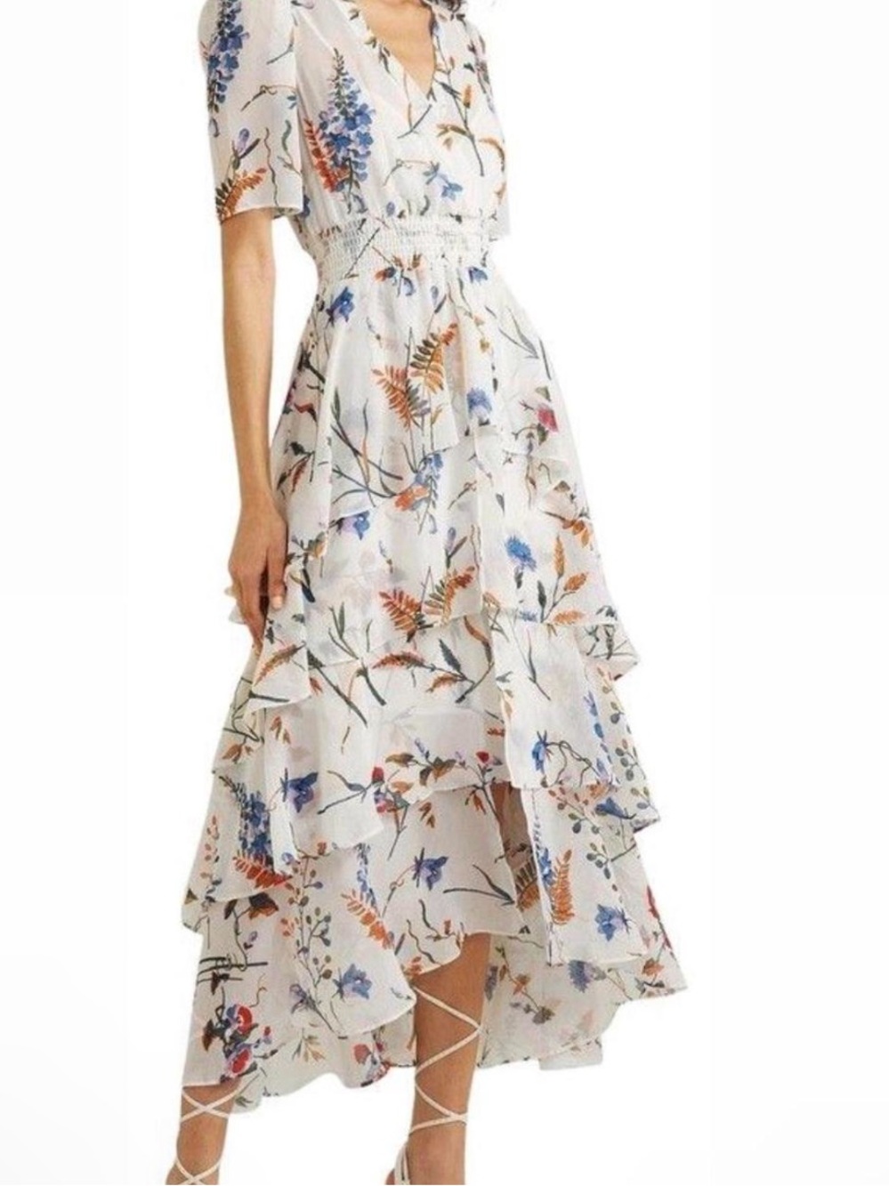 Maje White High-Low Floral Ruffle Dress with Blue & Orange Print spring/summer - Picture 1 of 10